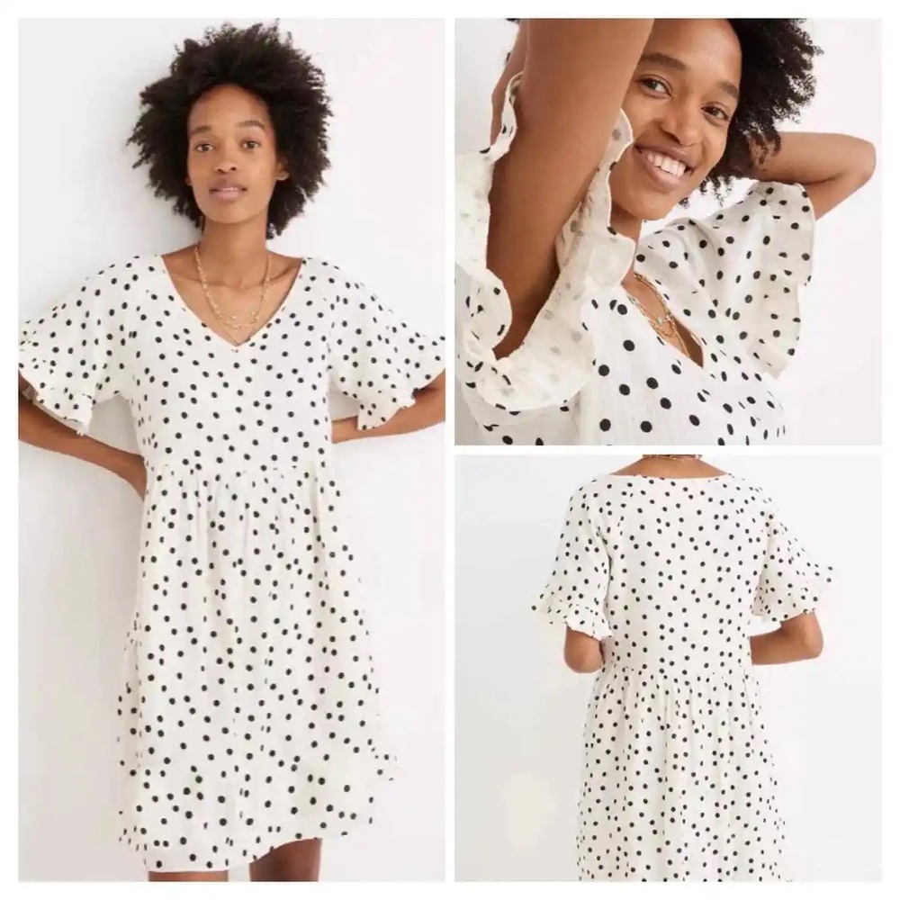 Madewell Off White Black Polka Dot Lightspun Cotton Mini Dress Size S